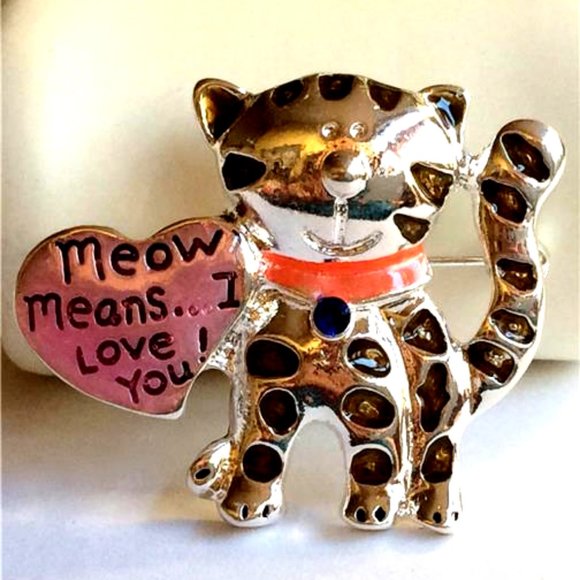 Kitty Cat Pin Brooch Pendant MEOW MEANS LOVE Cat MOM Heart Silver Plated - Picture 2 of 12